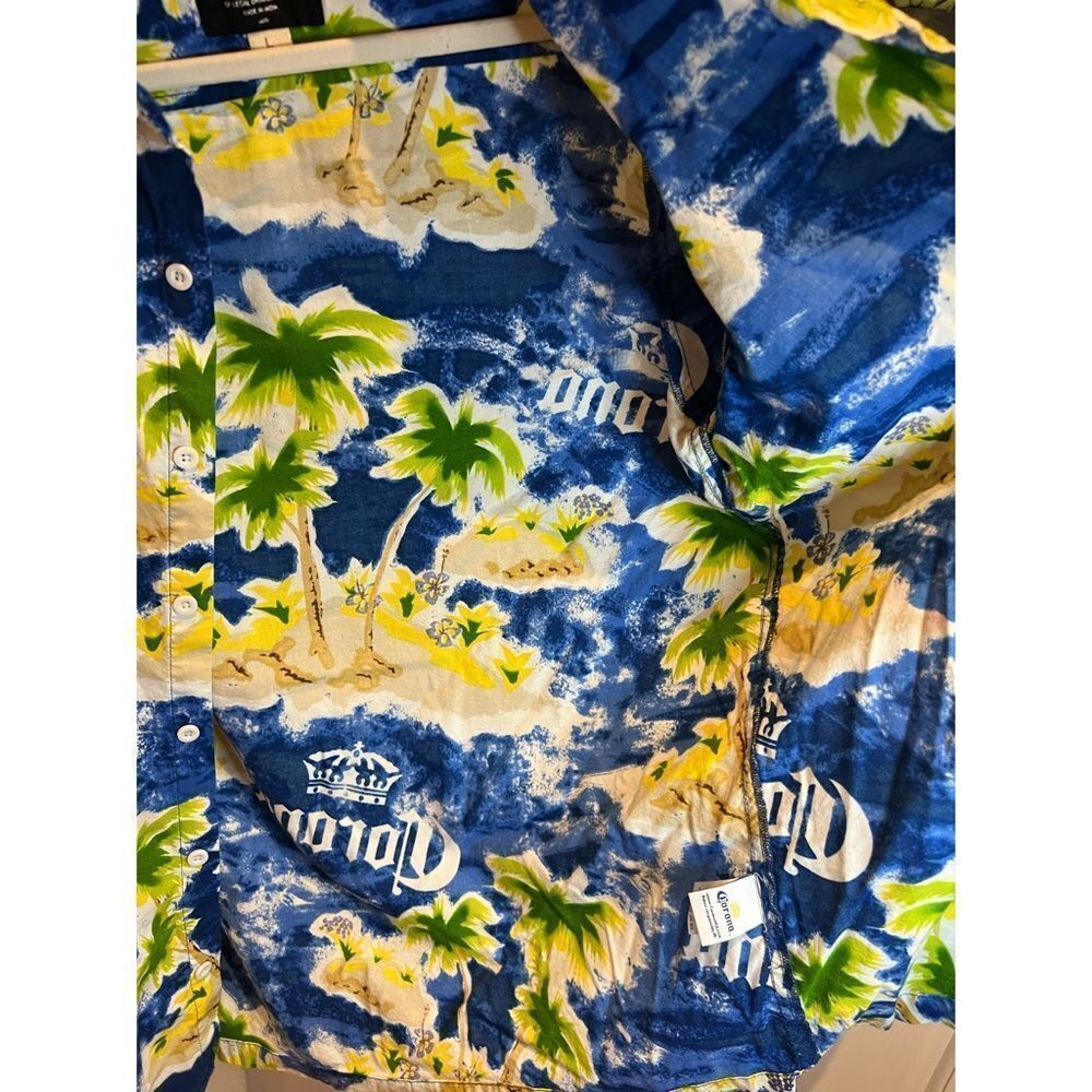 Corona Beer Hawaiian Aloha Short Sleeve Cabana Blue Yellow Shirt Size Large - Picture 8 of 11